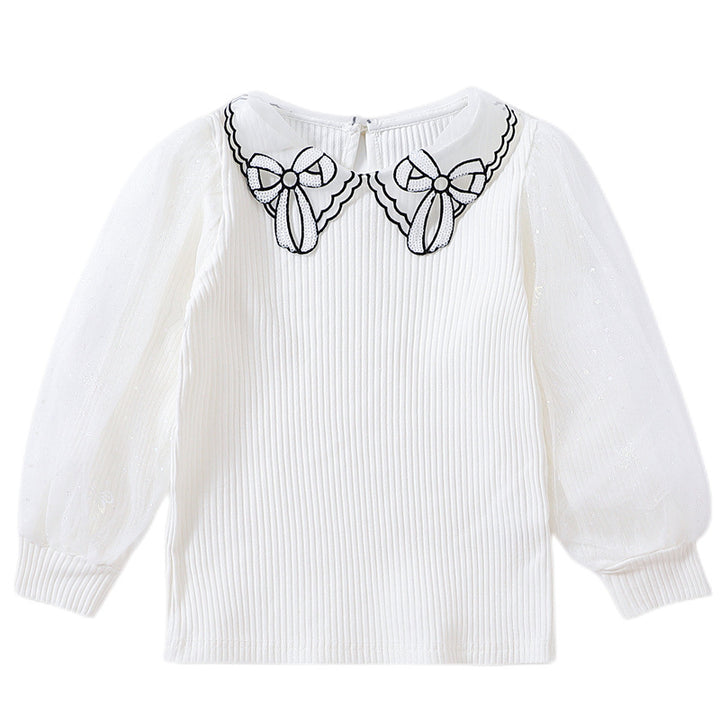 Mädchen Bluse mit transparenter Puffärmel und besticktem Kragen Drune