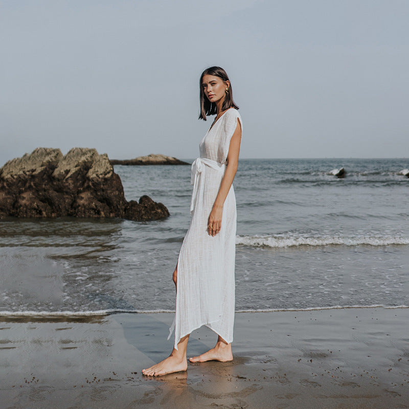 Damen luftiges Strandkleid mit Bindegürtel Drune