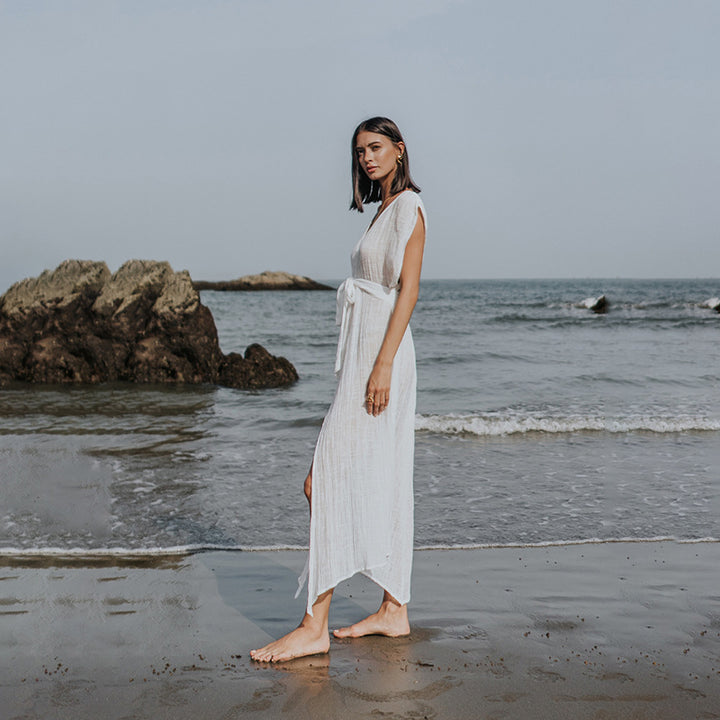 Damen luftiges Strandkleid mit Bindegürtel Drune