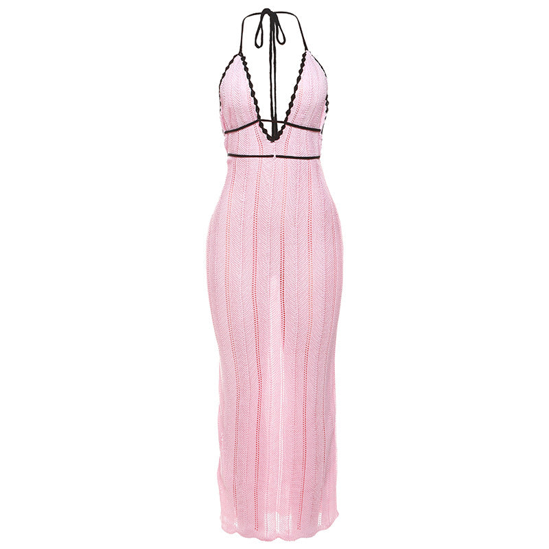 Damen Strick Maxikleid mit tiefem V-Ausschnitt und Bindebändern Drune