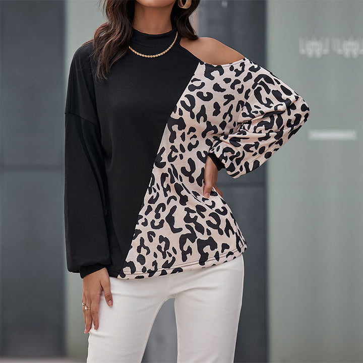 Damen modisches Langarmshirt mit Leopardenmuster und asymmetrischen Einsätzen Drune