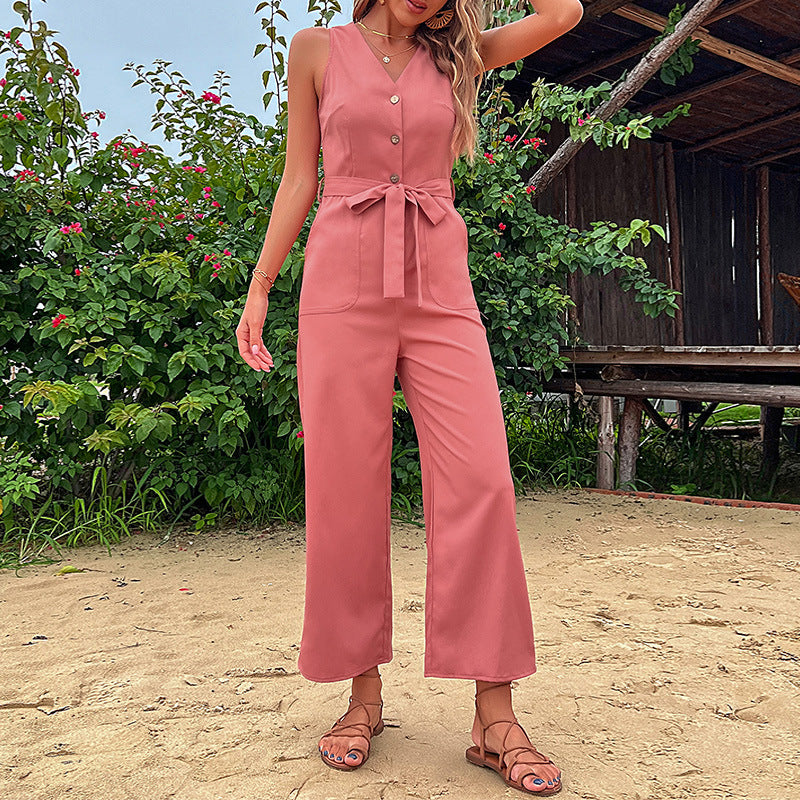 Damen bequemer Jumpsuit mit taillierbarem Gürtel und modischen Knopfdetails Drune
