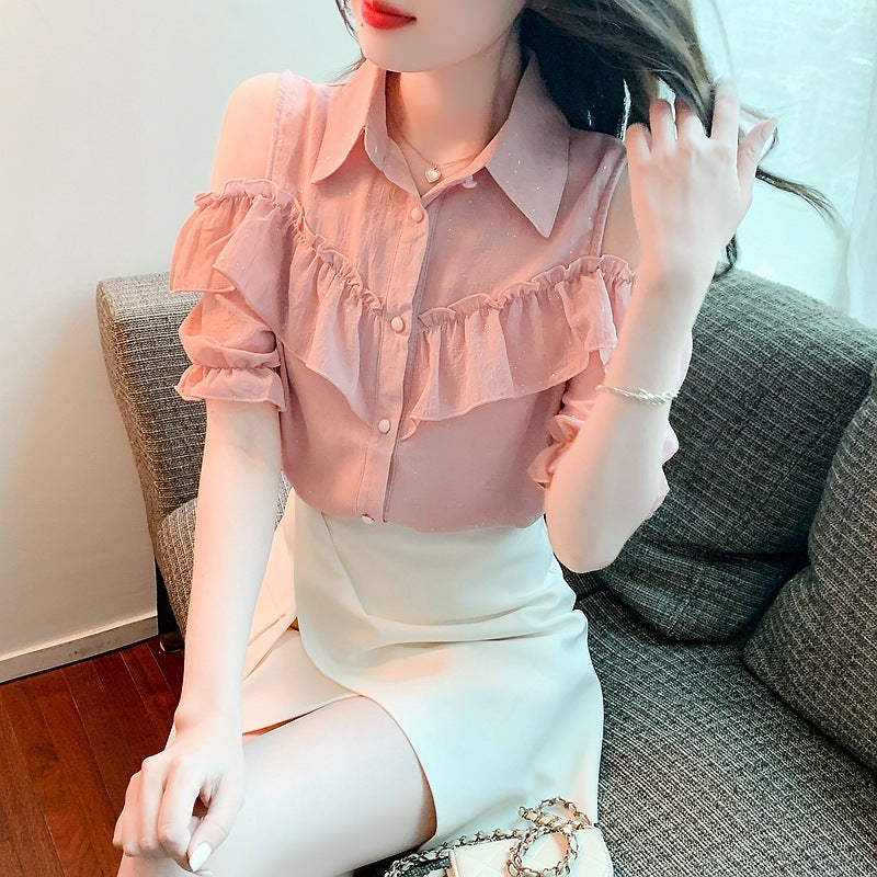 Damen Hemdbluse mit Rüschendetails und Off-Shoulder Design Drune
