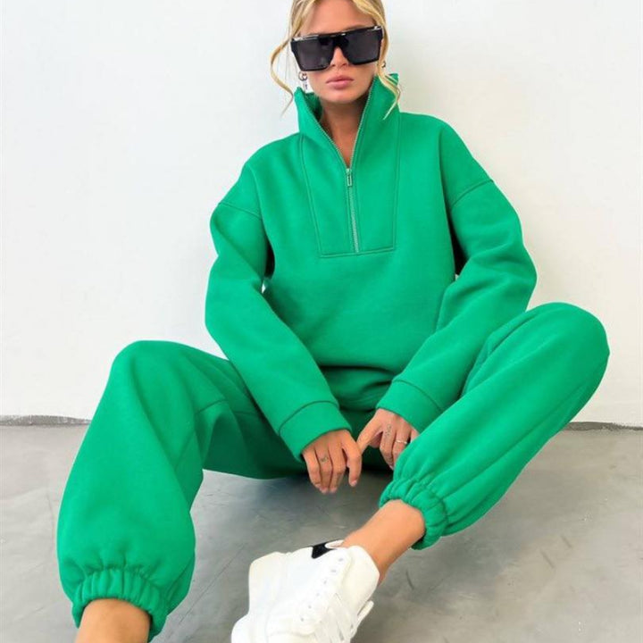 Damen nan weiches Oversize-Halbzip-Loungewear-Set mit hohem Stehkragen und taillierter Jogginghose Drune