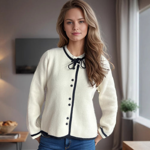 Damen kuschelige Strickjacke mit dekorativen Knopfdetails und Bindeverschluss Drune
