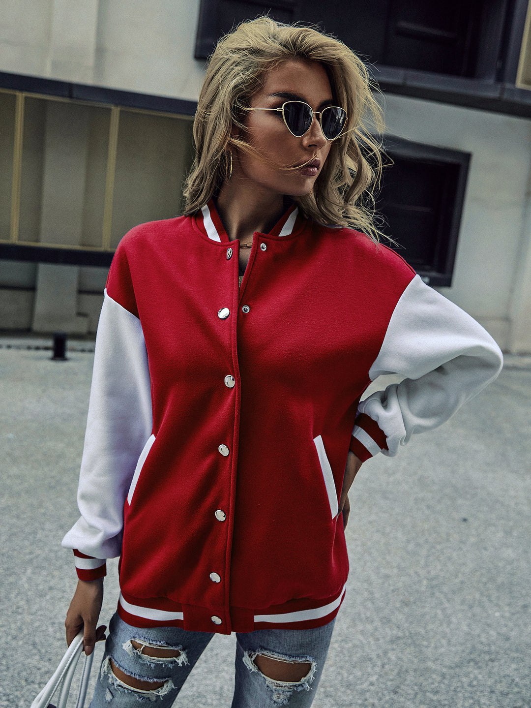 Damen Baseballjacke mit kontrastierenden Ärmeln und Druckknopfverschluss Drune