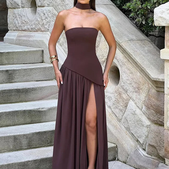 Damen Maxikleid mit trägerlosem Oberteil und hohem Schlitz Drune