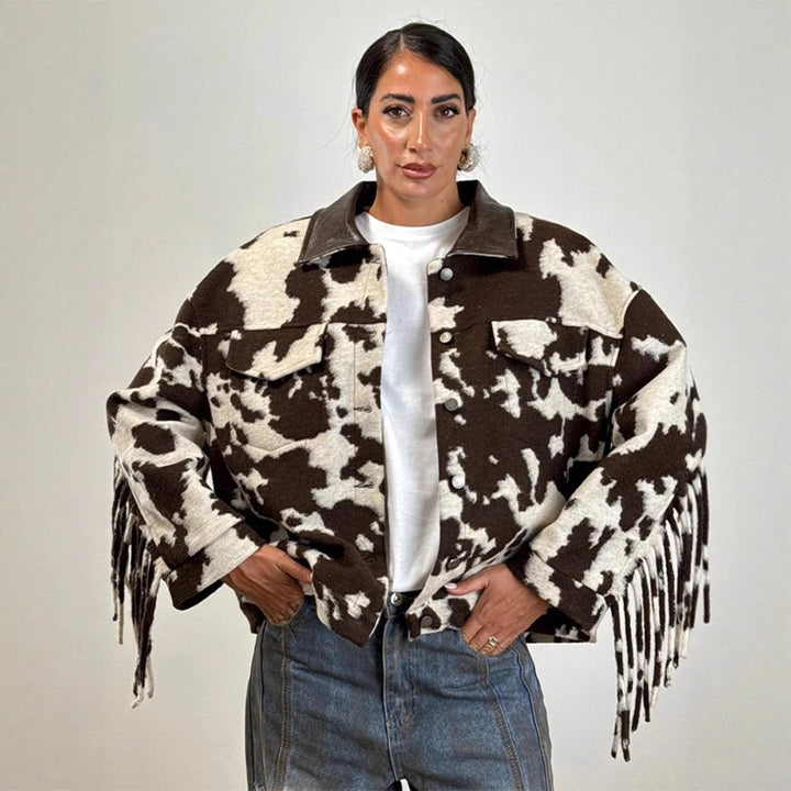 Damen Oversized Fransenjacke mit Kuhmuster Drune
