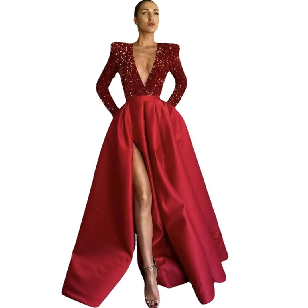 Damen Glamouröser Abendkleid mit tiefem V-Ausschnitt und schimmernden Akzenten Drune