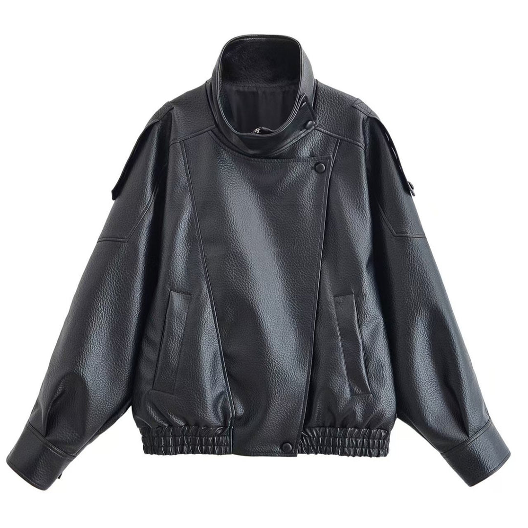 Damen nan Oversize Kunstleder-Bomberjacke mit hohem Stehkragen, Druckknopfblende und smockbündchen Drune
