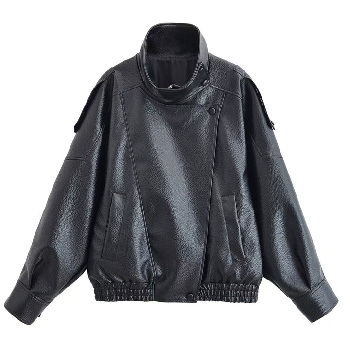 Damen nan Oversize Kunstleder-Bomberjacke mit hohem Stehkragen, Druckknopfblende und smockbündchen Drune