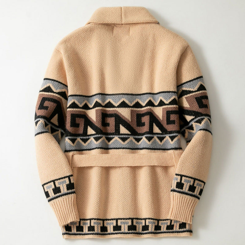 Damen Strickjacke mit grafischem Muster und Gürtel Drune