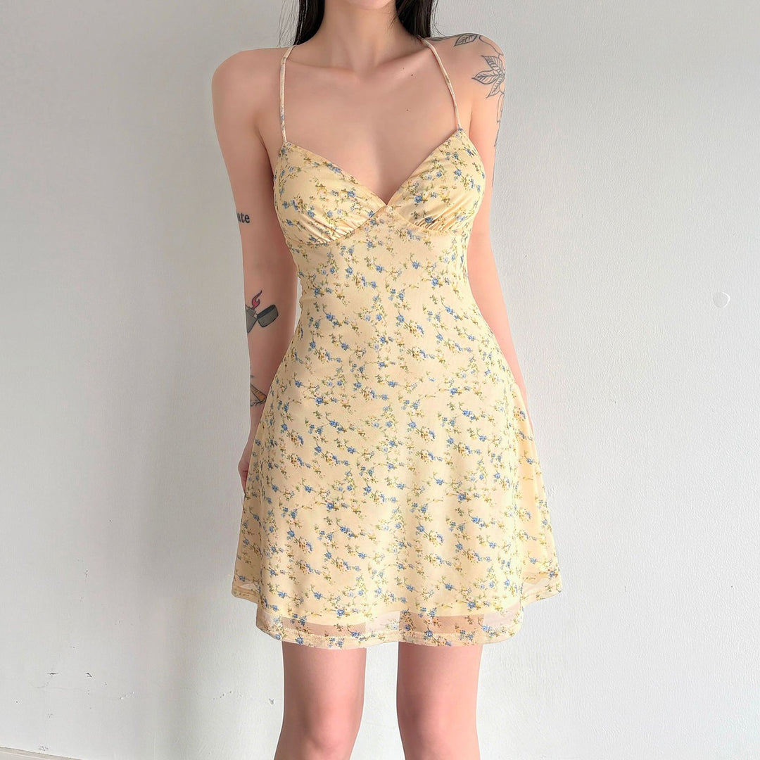 Damen Kurzarm Sommerkleid mit floralem Design und verstellbaren Spaghettiträgern Drune