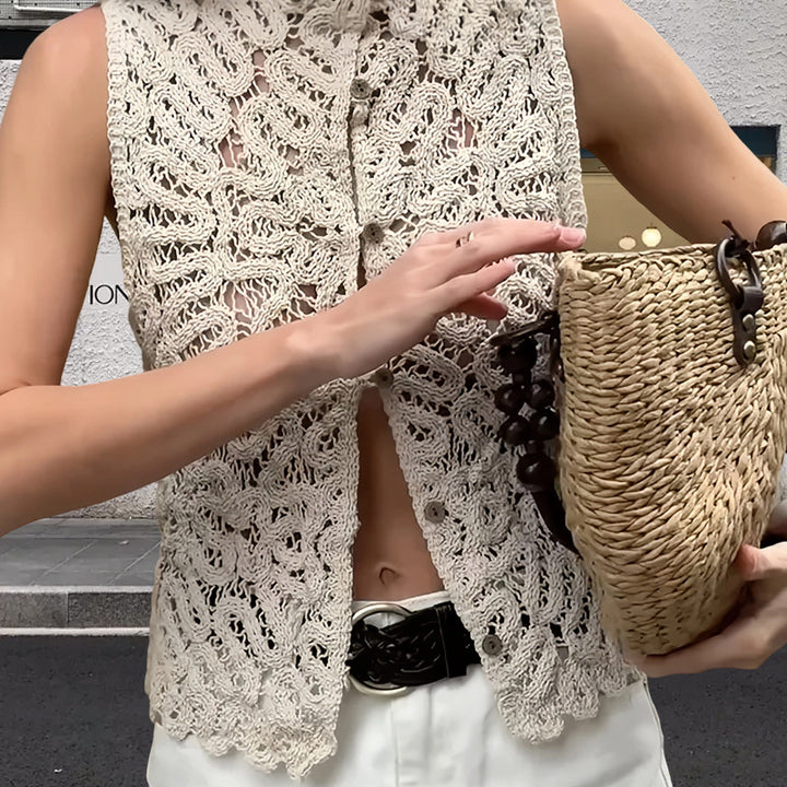Damen Häkel-Bluse mit elegantem Stehkragen und transparenter Struktur Drune