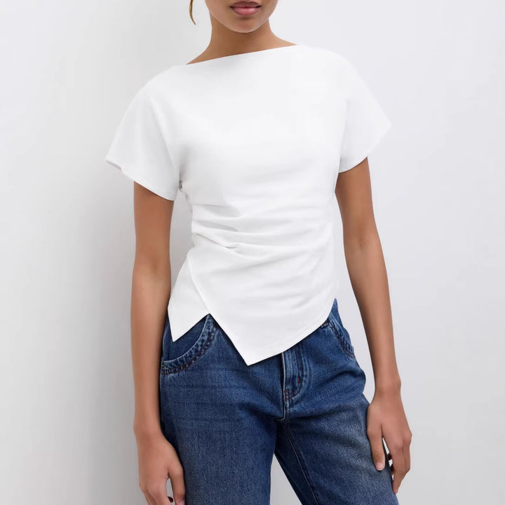 Damen Cropped T-Shirt mit asymmetrischem Schnitt und dekorativem Drapierungseffekt Drune