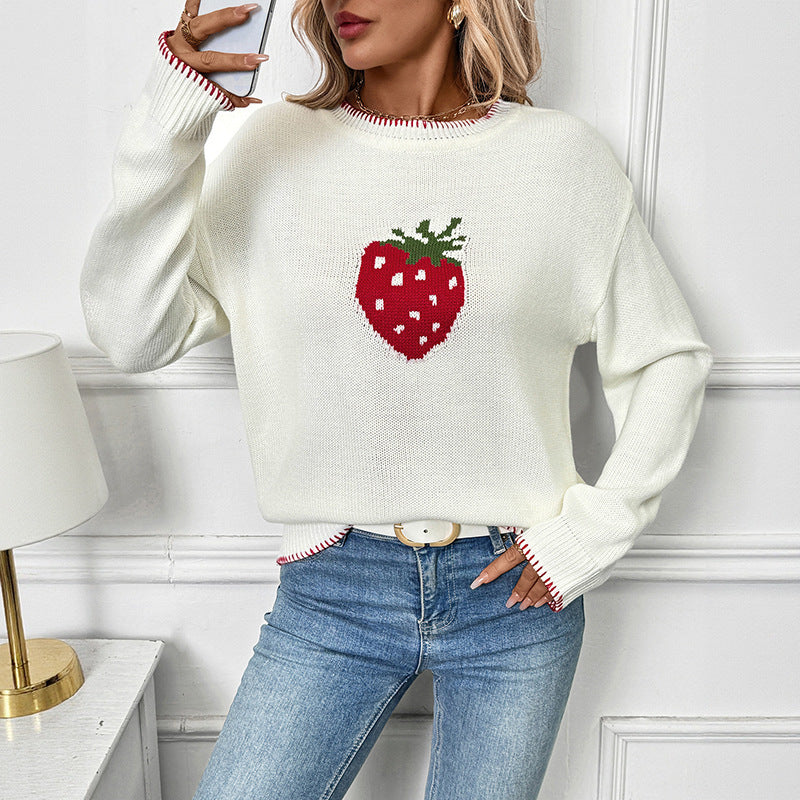 Damen Strickpullover mit fruchtigem Erdbeer-Motiv und lässigem Schnitt Drune