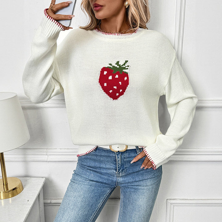 Damen Strickpullover mit fruchtigem Erdbeer-Motiv und lässigem Schnitt Drune