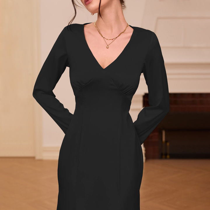 Damen elegantes Satin-Kleid mit V-Ausschnitt und langem Arm Drune