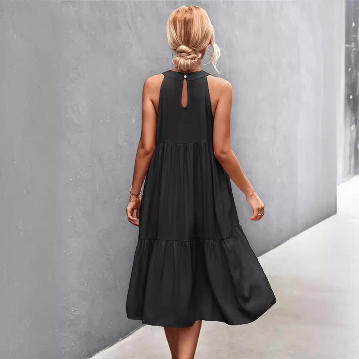 Damen luftiges Sommerkleid mit schwingendem Rock und hohem Hals Drune