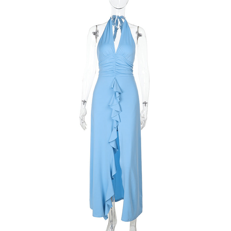 Damen Haltermaxikleid mit gerafftem Design und verspielten Rüschen Drune