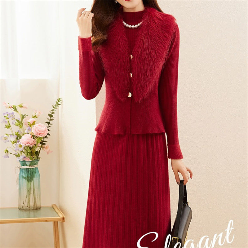 Damen elegantes Strickset mit hochwertigem Fellkragen und modischer Rippstruktur Drune
