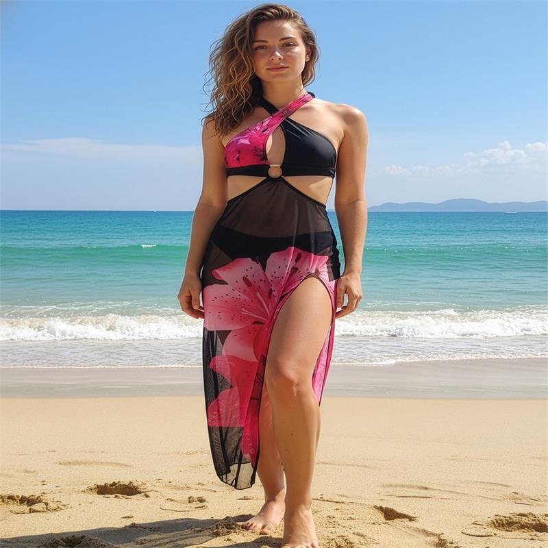 Damen Strandkleid mit modischem Wickeldesign und floralem Schnitt Drune