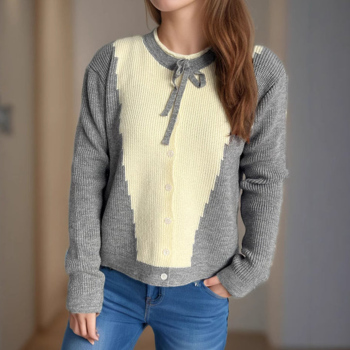 Damen Strickjacke mit kontrastierenden Mustern und dekorativen Knopfdetails Drune