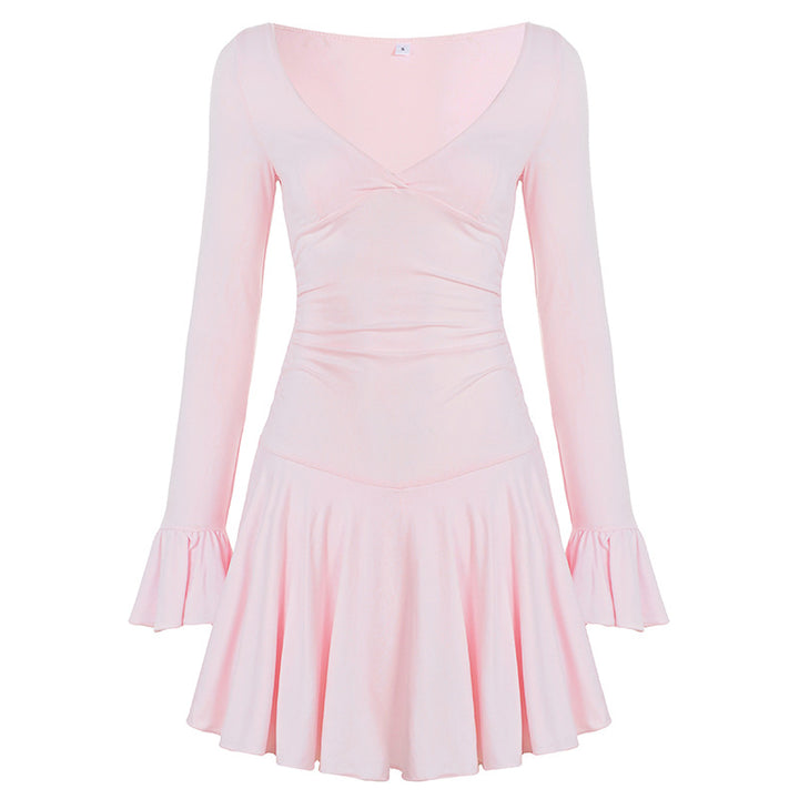 Damen nan tailliertes V-Ausschnitt Skaterkleid mit geraffter Taille und Volantärmeln Drune