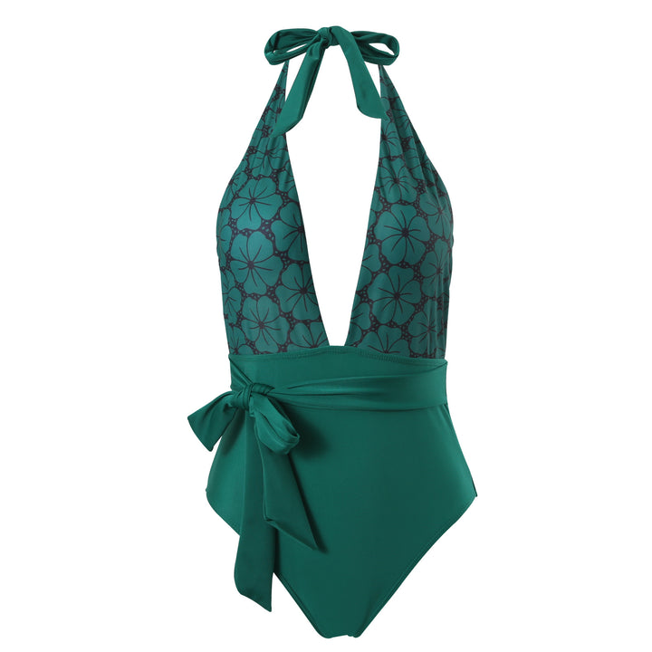 Damen eleganter Einteiler Badeanzug mit floralem Wickelrock Drune