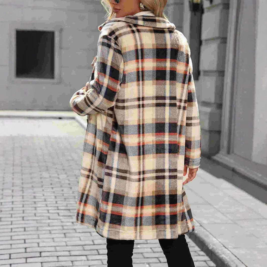 Damen Karierter Oversized-Wintermantel mit praktischen Taschen und Knopfdetail Drune