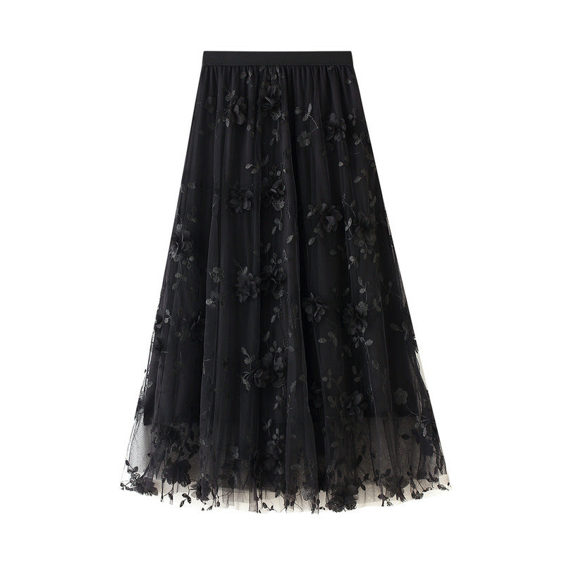 Damen Floral Bestickter Tüll Maxi Rock Drune