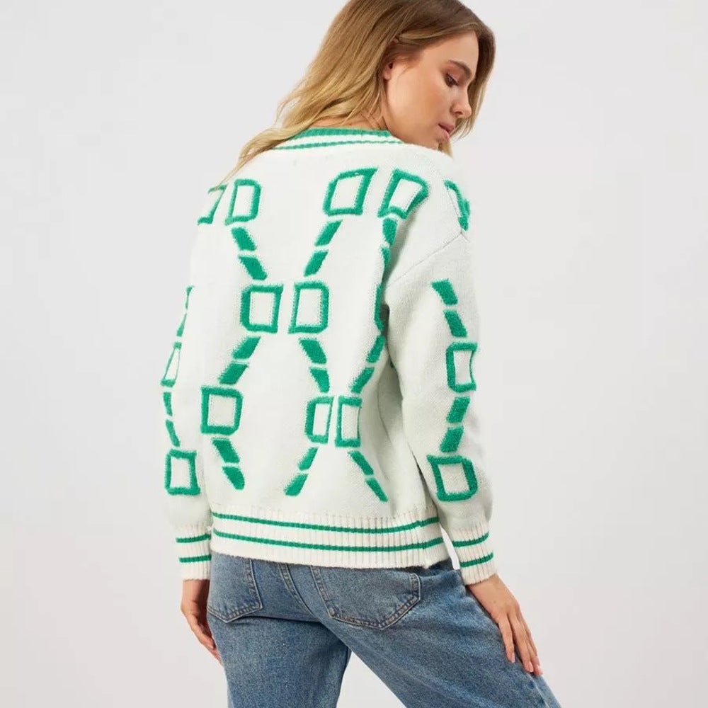 Damen modische Strickjacke mit geometrischem Muster und Knopfleiste Drune