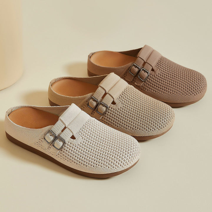 Damen nan gestrickter Clog-Mule mit doppelter Metallschnalle, atmungsaktivem 3D-Strickoberteil und ergonomischem Memory-Fußbett Drune