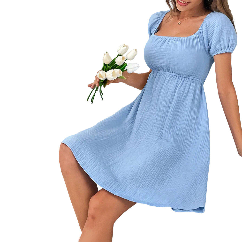 Damen lässiges Wickelkleid mit schickem Quadrat-Ausschnitt und voluminösen Puffärmeln Drune