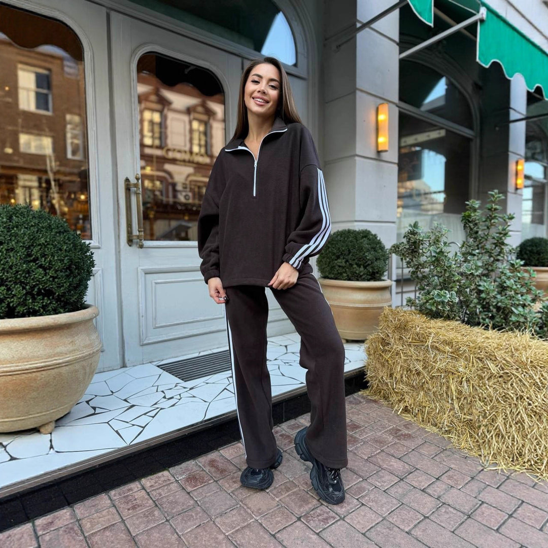 Damen Sportliches Fleece-Oberteil mit hohem Kragen und weiten Jogginghosen Drune