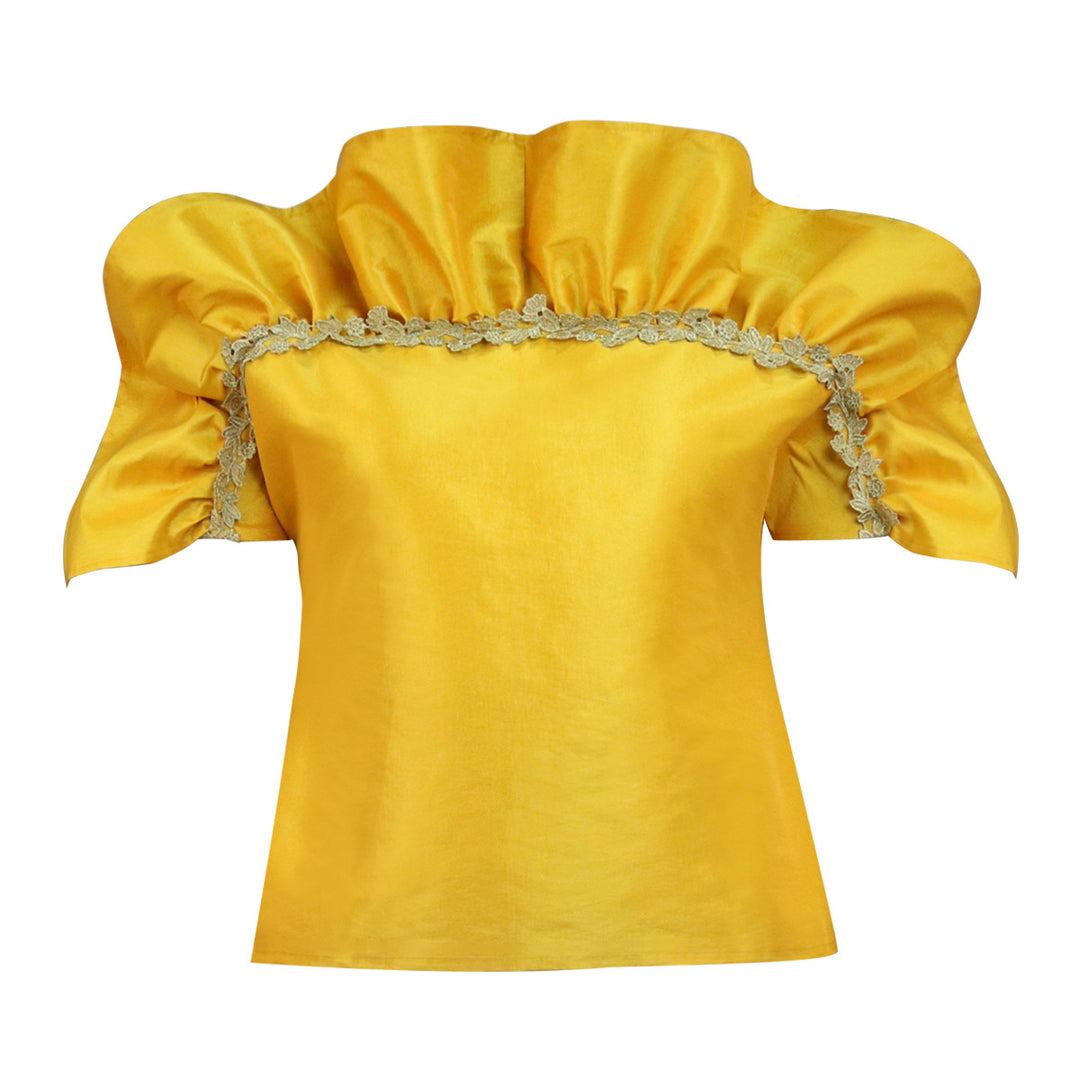 Damen elegantes Blusenshirt mit voluminösen Puffärmeln und dekorativem Spitzenrand Drune