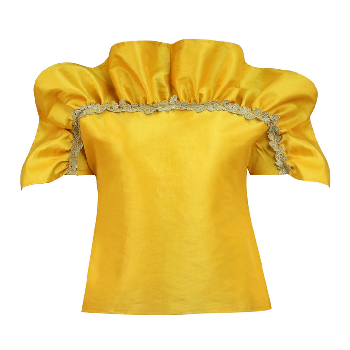 Damen elegantes Blusenshirt mit voluminösen Puffärmeln und dekorativem Spitzenrand Drune