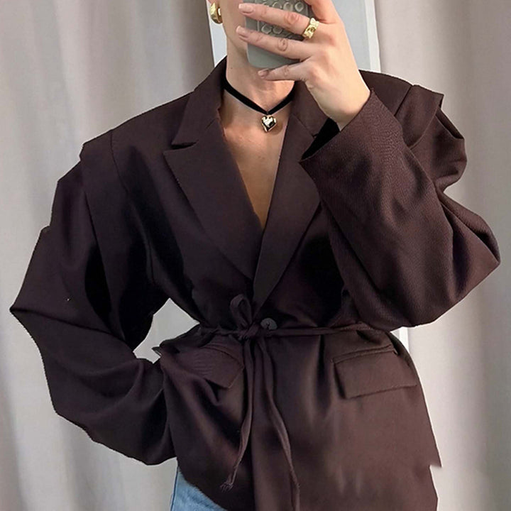 Damen nan taillierter Blumenblazer mit Bindegürtel und Reverskragen Drune