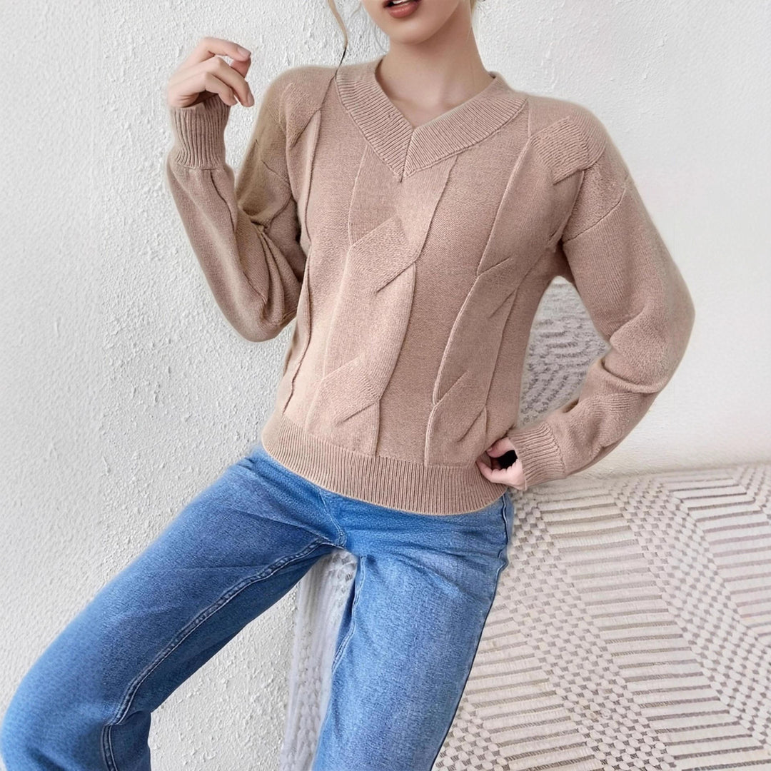 Damen Strickpullover mit modernem Zopfmuster und V-Ausschnitt Drune