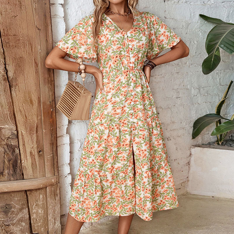 Damen Blumenkleid mit V-Ausschnitt und Knopfleiste Drune
