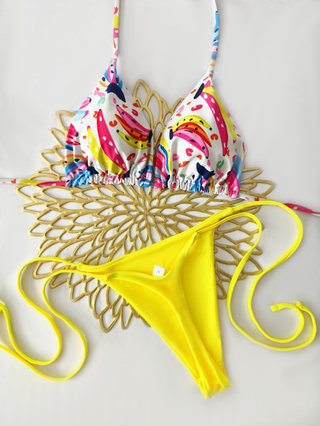 Damen Bikini-Set mit buntem Obstmuster und seitlichem Knoten Drune