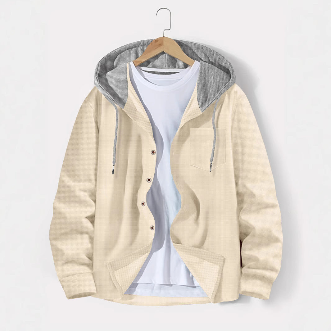 Herren nan leichtes Utility-Hoodie-Überhemd mit Kontrastkapuze, Knopfleiste und Brusttasche Drune