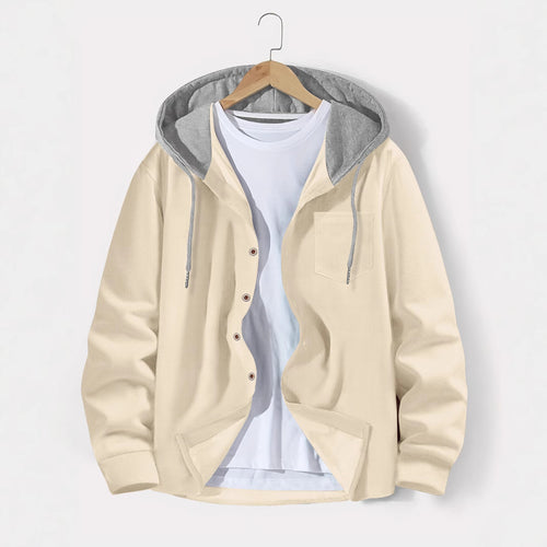 Herren nan leichtes Utility-Hoodie-Überhemd mit Kontrastkapuze, Knopfleiste und Brusttasche Drune
