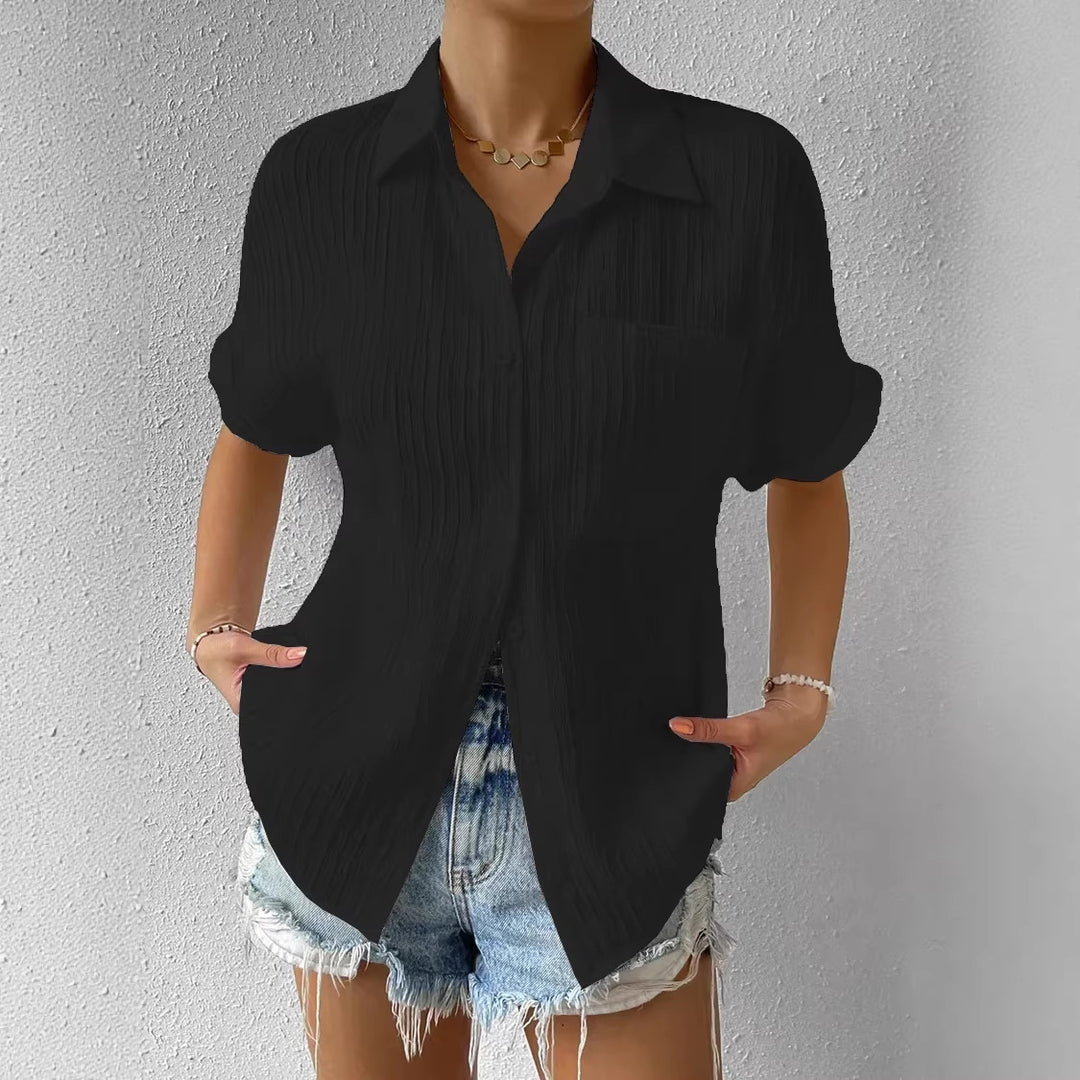 Damen lässige kurzärmlige Bluse mit Struktur und Brusttasche Drune