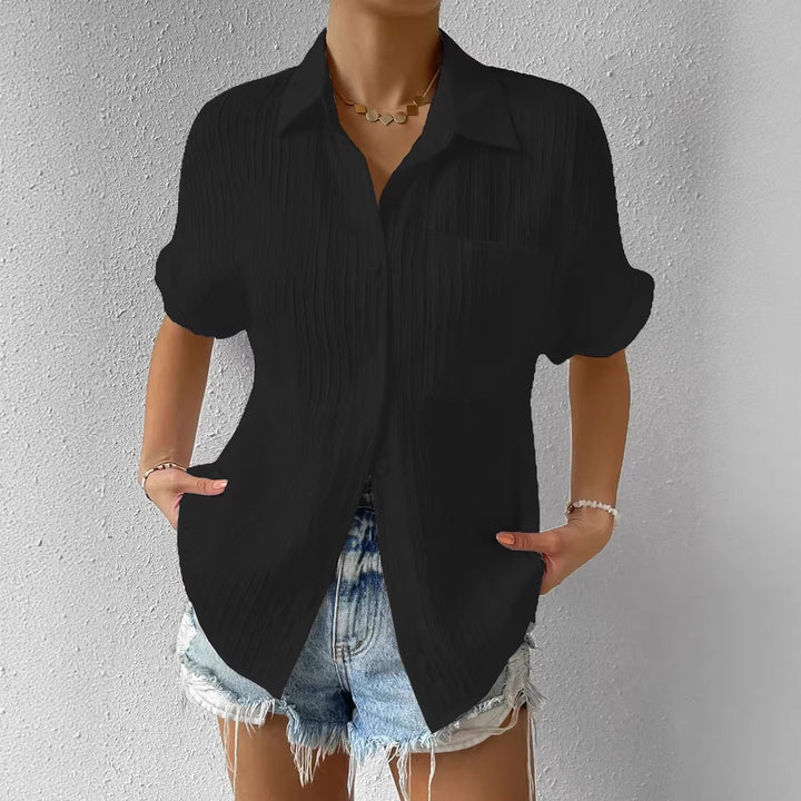 Damen lässige kurzärmlige Bluse mit Struktur und Brusttasche Drune