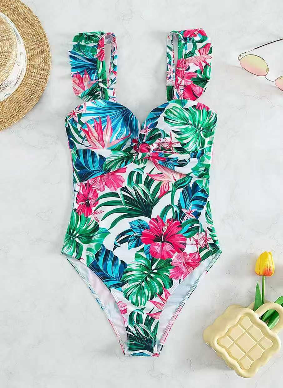 Damen Einteiler Badeanzug mit floralem Design und Rüschen Drune