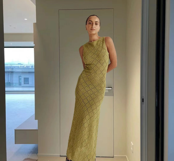 Damen Maxikleid mit dekorativem Rautengewebe und seitlichem Schlitz Drune