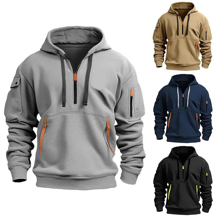 Herren nan funktionaler Kapuzenpullover mit halbem Reißverschluss, verschließbaren Taschen und Ärmel-Tasche Drune