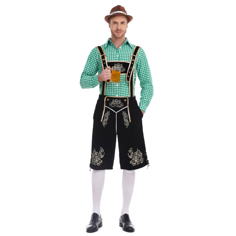 Herren nan Filzoptik-Lederhose knielang mit barocker Stickerei, verstellbaren Trägern und Dekornieten Drune