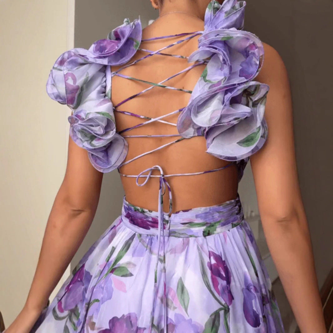 Damen Maxikleid mit blumiger Eleganz und verspielten Rüschendetails Drune